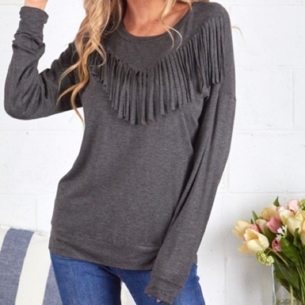 Fringe Detail Pullover Top in Gray